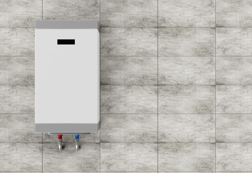 Modern Electric Water Heater on the Concrete Tiles Wall with place for Your Text. 3D Rendering